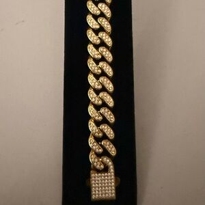 Stainless Steel Gold Plated Link Bracelet with Pavé Clasp